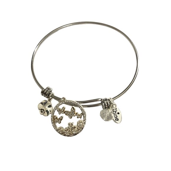 Silver Tone Butterfly Charm Bangle Bracelet With Crystals LA CN - Picture 1 of 3